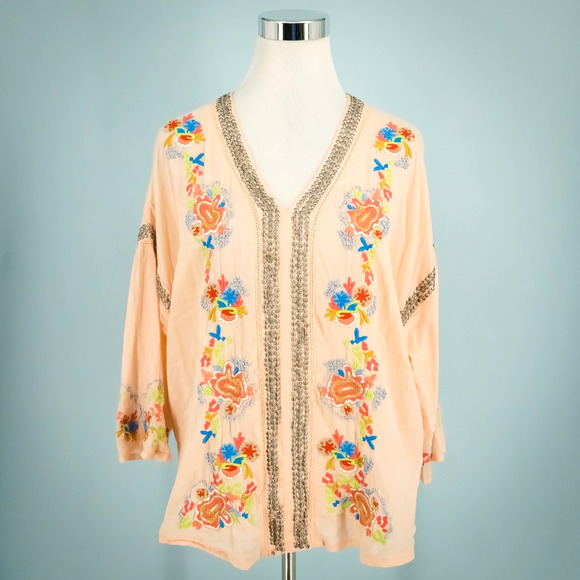 Soft Surroundings Size Medium M Peach Palm Island Beaded Embroidered Tunic Top - Picture 1 of 5
